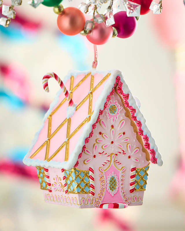 Rainbow Gingerbread Cottage Christmas Ornament, Light Pink
